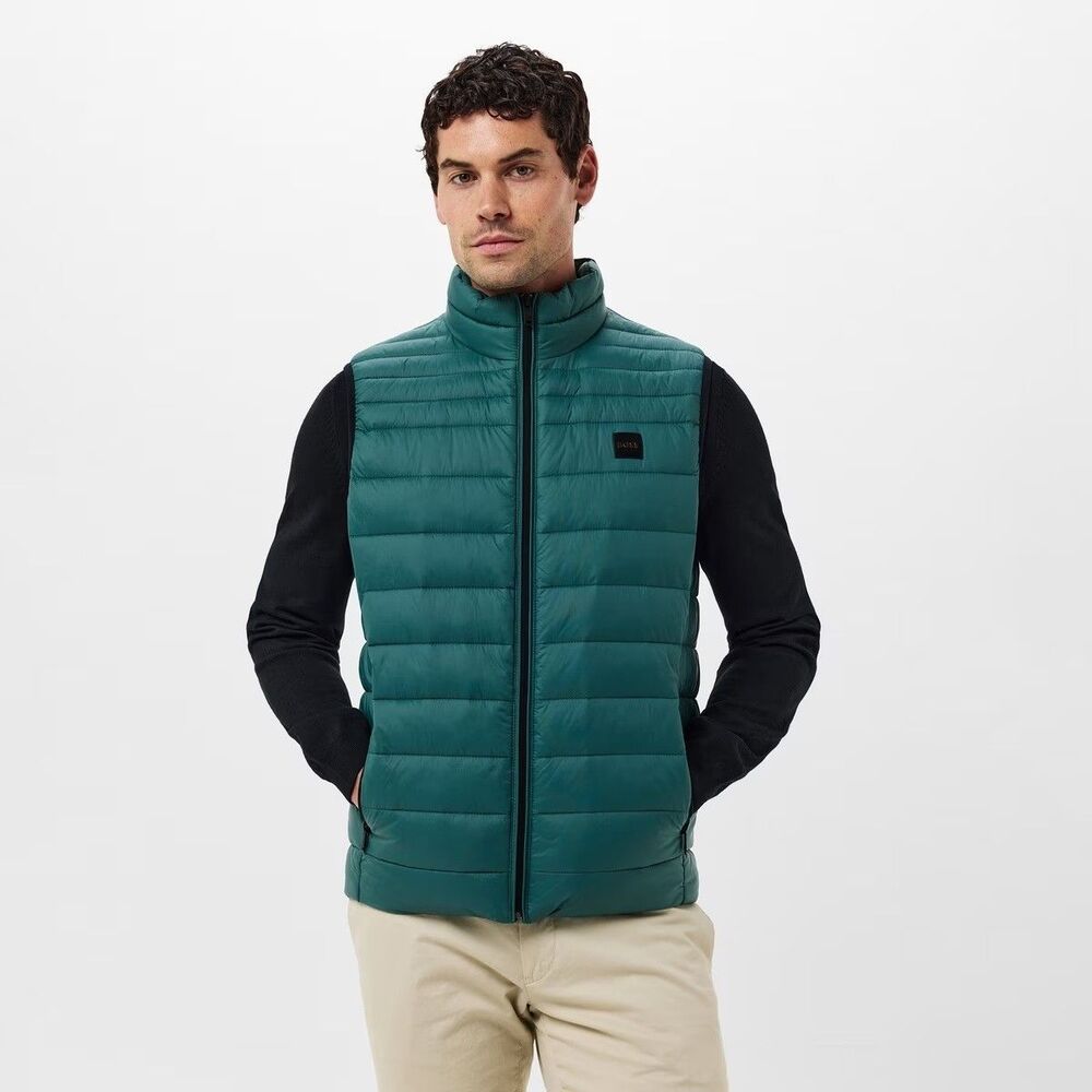 BOSS Men's Lightweight Nylon Patch Logo Puffer Vest Silver Pine New Choose Size